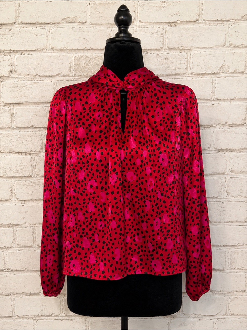Nine West Fuchsia and Black Animal-Print Tie-Neck Blouse